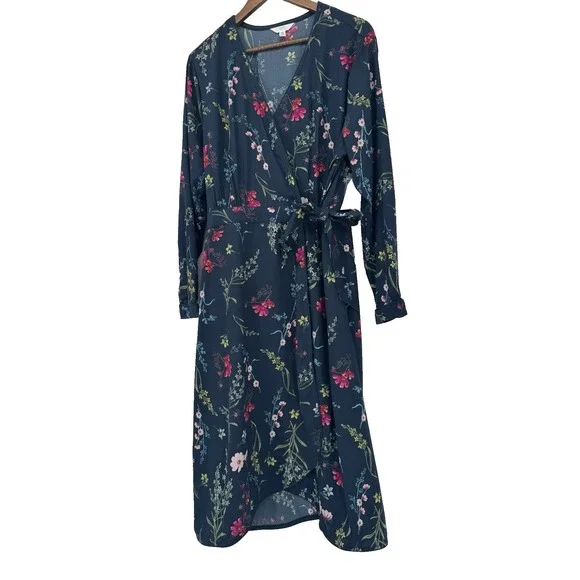 TIME & TRU Blue Dress floral Print Wrap Around tie waist thick fabric Fairy - Picture 1 of 11